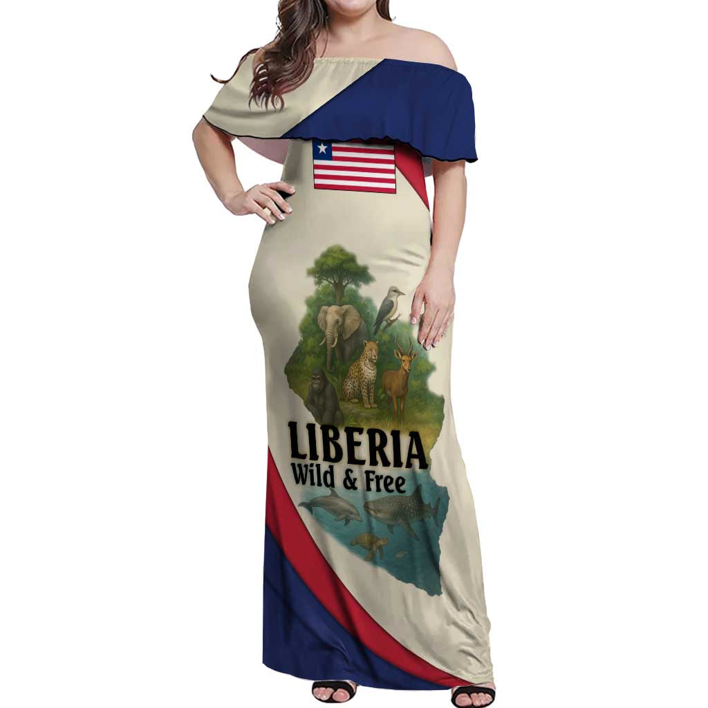 Liberia Wildlife Off Shoulder Maxi Dress with African Safari and Ocean Marine Life Design