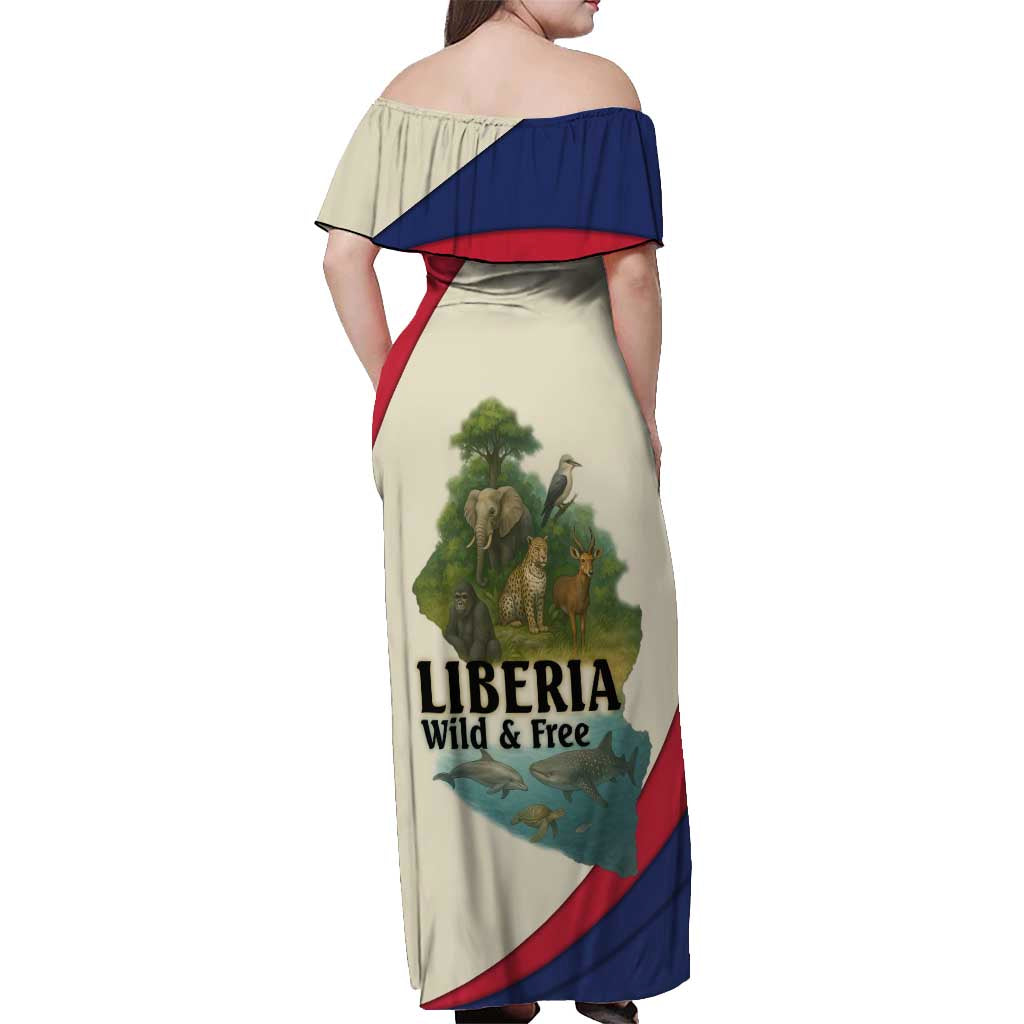 Liberia Wildlife Off Shoulder Maxi Dress with African Safari and Ocean Marine Life Design