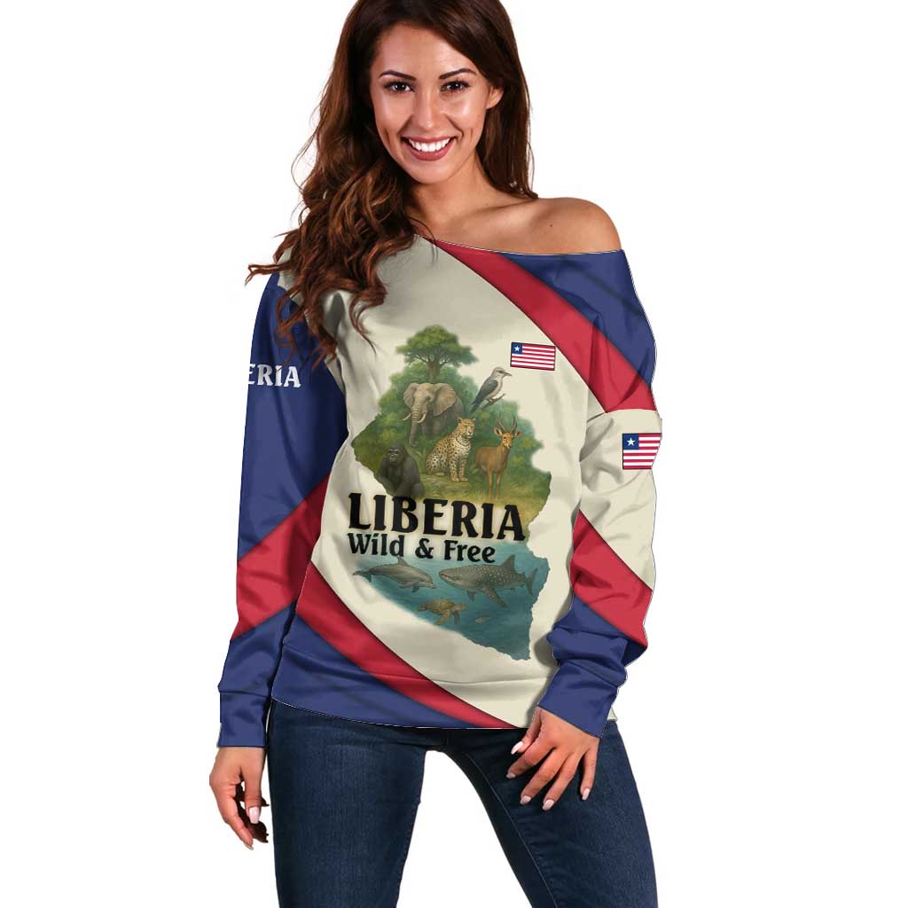 Liberia Wildlife Off Shoulder Sweater with African Safari and Ocean Marine Life Design