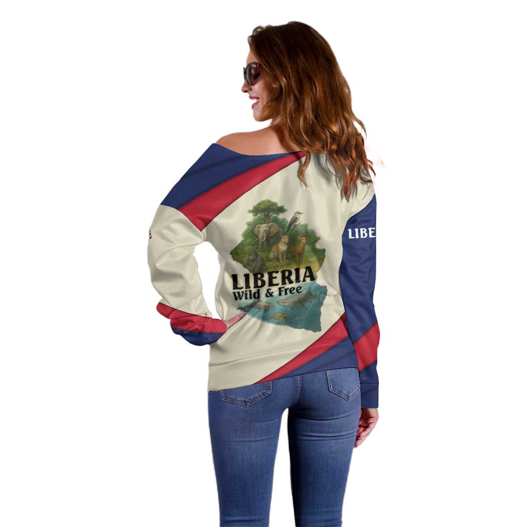 Liberia Wildlife Off Shoulder Sweater with African Safari and Ocean Marine Life Design