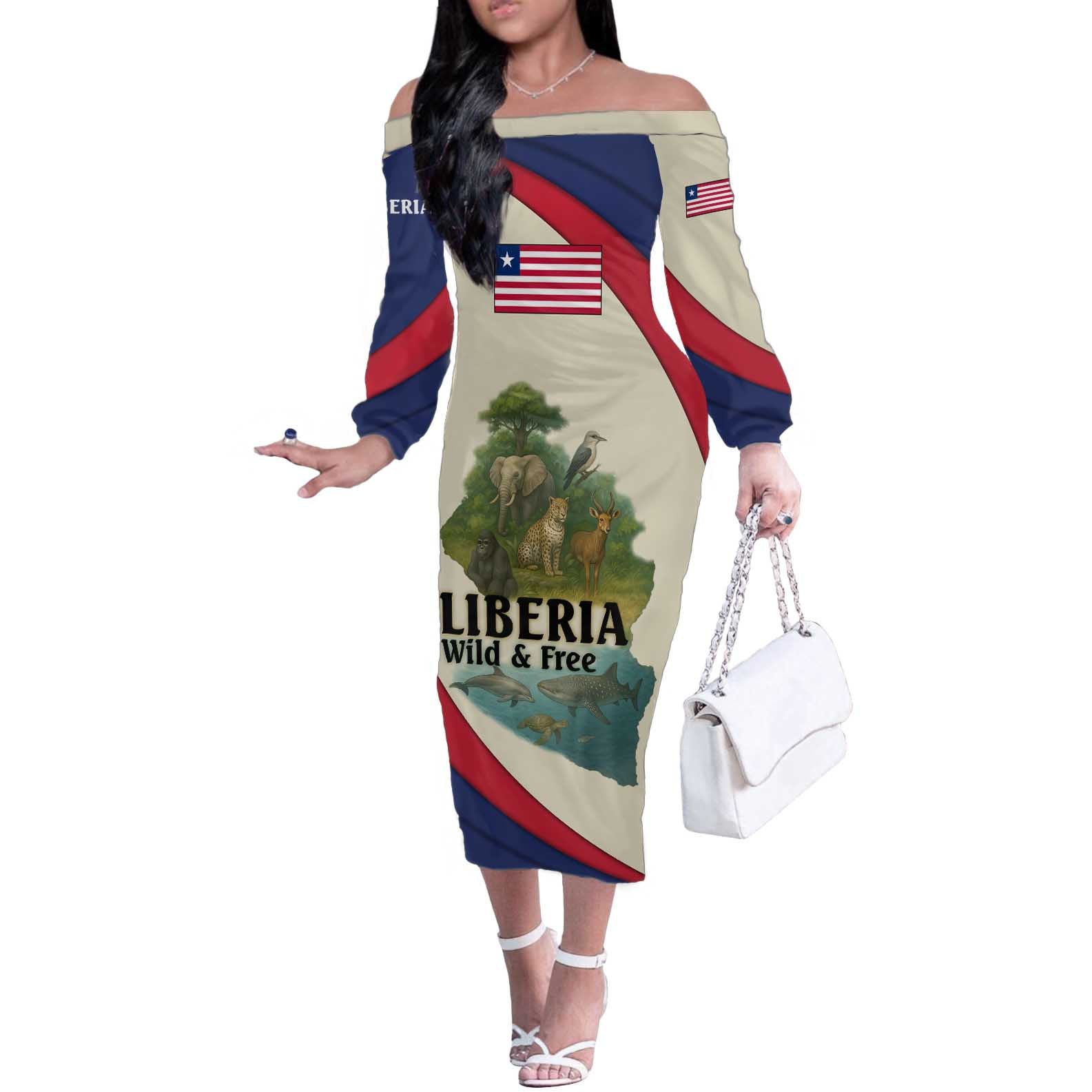 Liberia Wildlife Off The Shoulder Long Sleeve Dress with African Safari and Ocean Marine Life Design