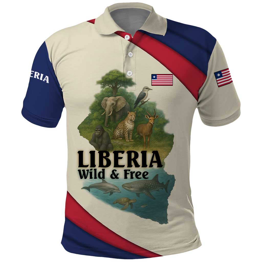 Liberia Wildlife Polo Shirt with African Safari and Ocean Marine Life Design