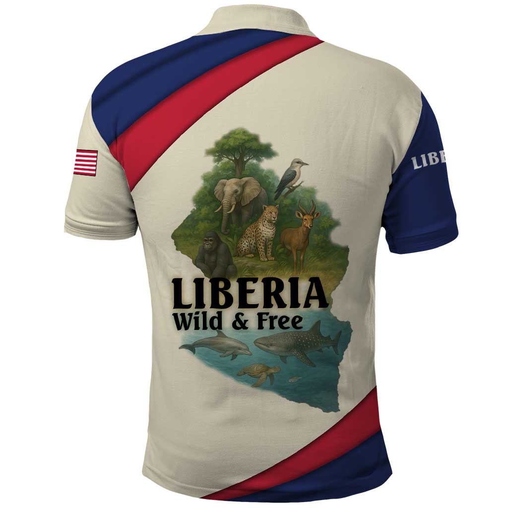 Liberia Wildlife Polo Shirt with African Safari and Ocean Marine Life Design
