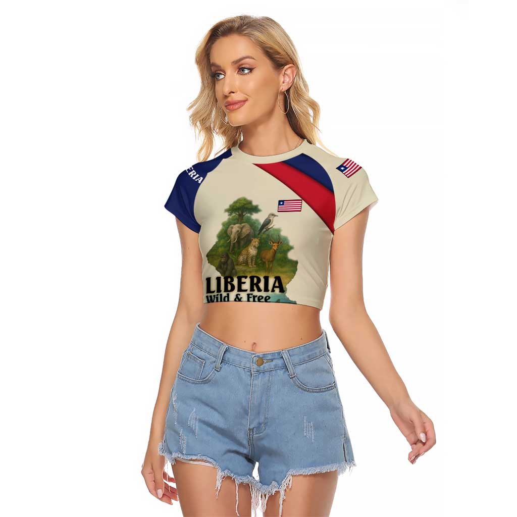 Liberia Wildlife Raglan Cropped T Shirt with African Safari and Ocean Marine Life Design