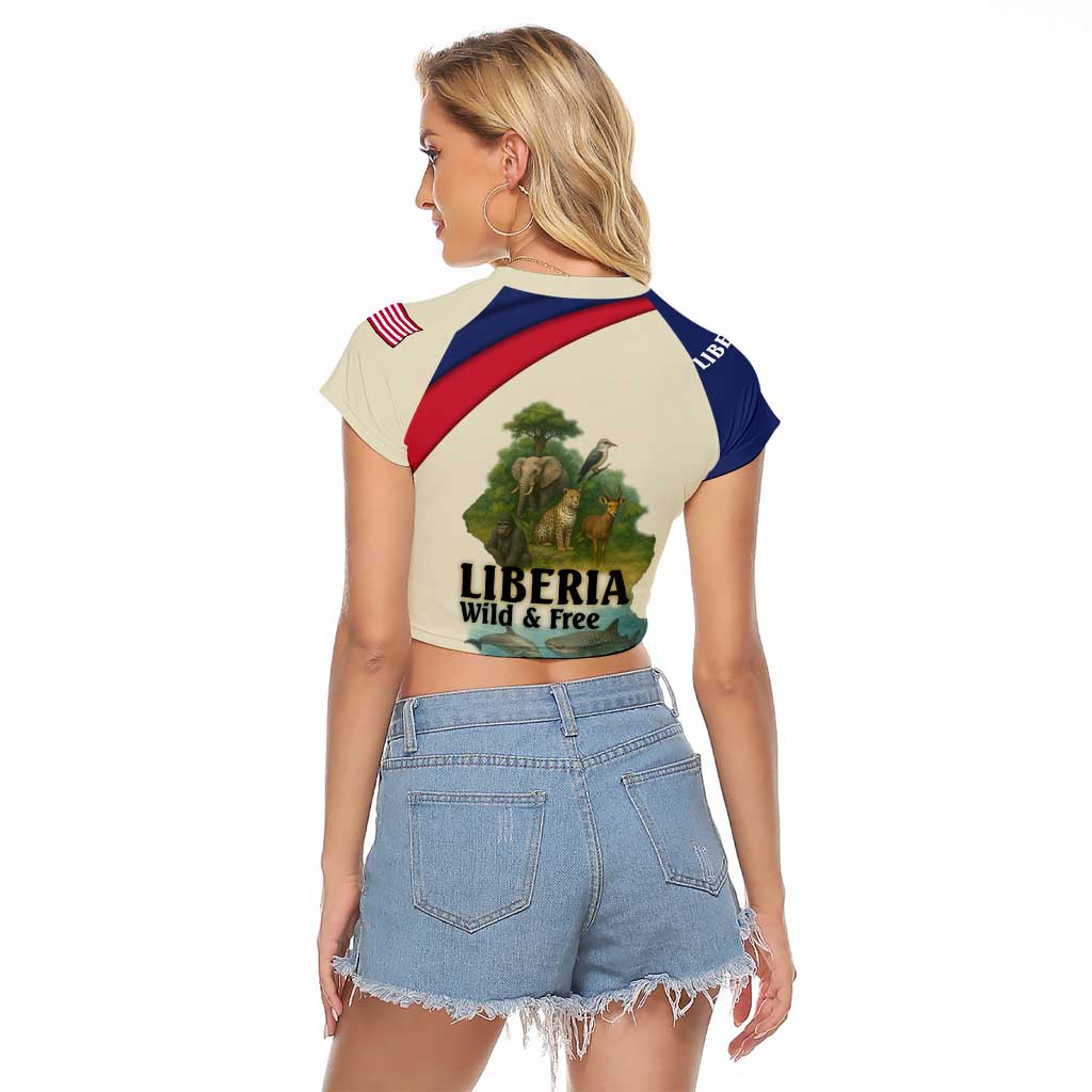 Liberia Wildlife Raglan Cropped T Shirt with African Safari and Ocean Marine Life Design