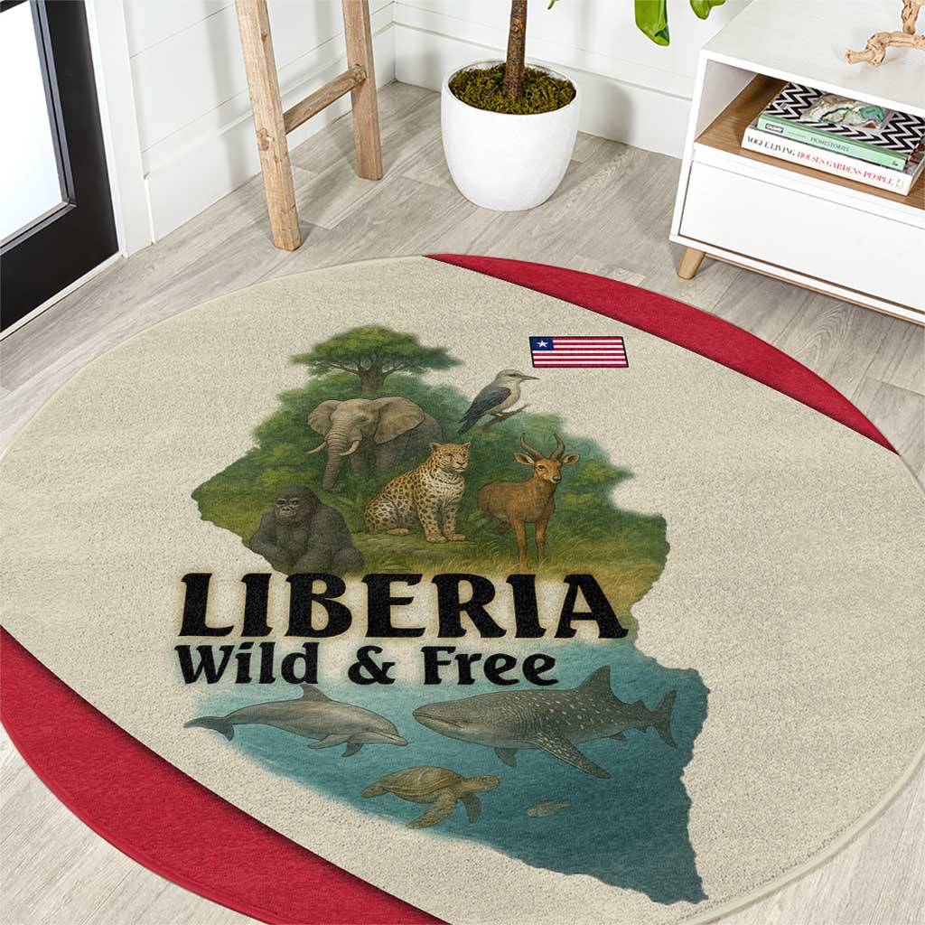 Liberia Wildlife Round Carpet with African Safari and Ocean Marine Life Design