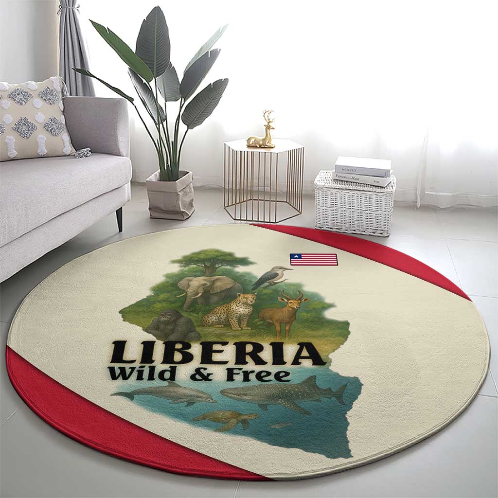 Liberia Wildlife Round Carpet with African Safari and Ocean Marine Life Design