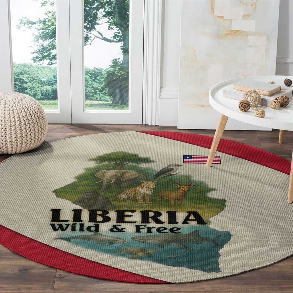 Liberia Wildlife Round Carpet with African Safari and Ocean Marine Life Design