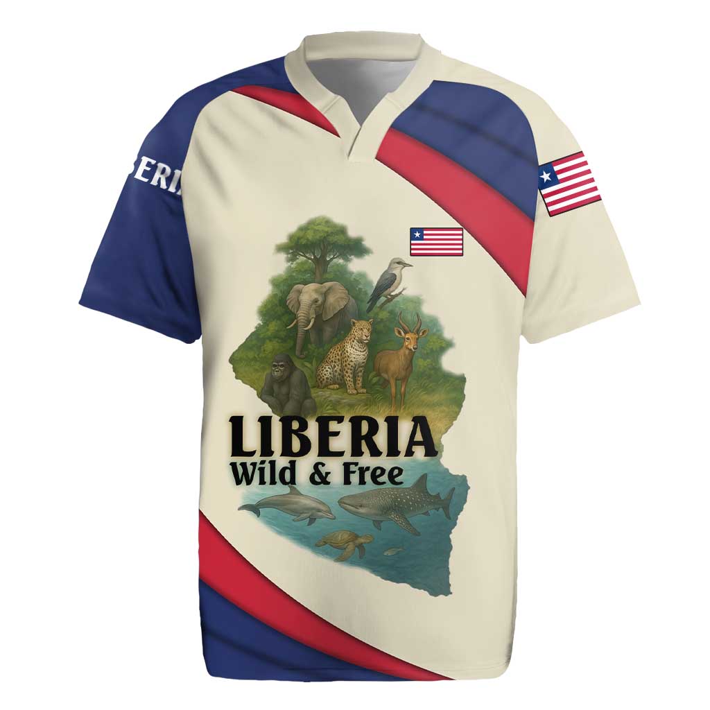 Liberia Wildlife Rugby Jersey with African Safari and Ocean Marine Life Design