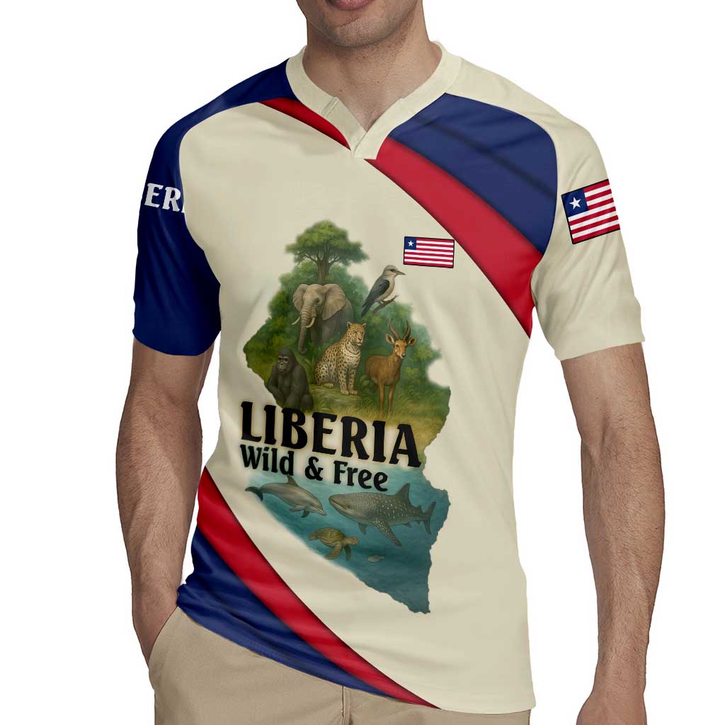 Liberia Wildlife Rugby Jersey with African Safari and Ocean Marine Life Design