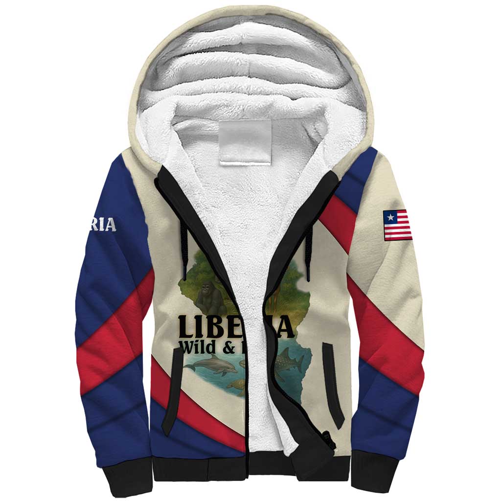 Liberia Wildlife Sherpa Hoodie with African Safari and Ocean Marine Life Design