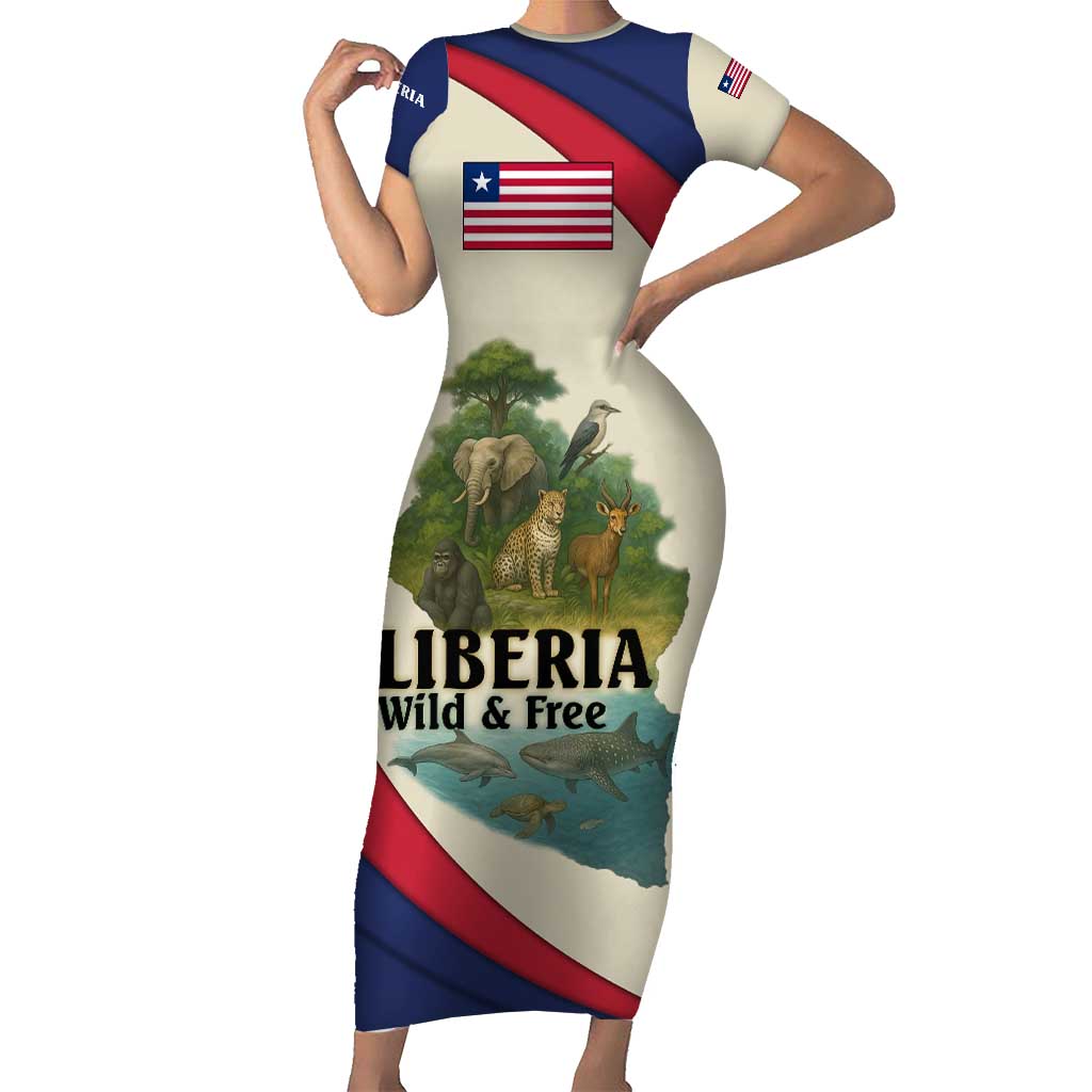 Liberia Wildlife Short Sleeve Bodycon Dress with African Safari and Ocean Marine Life Design