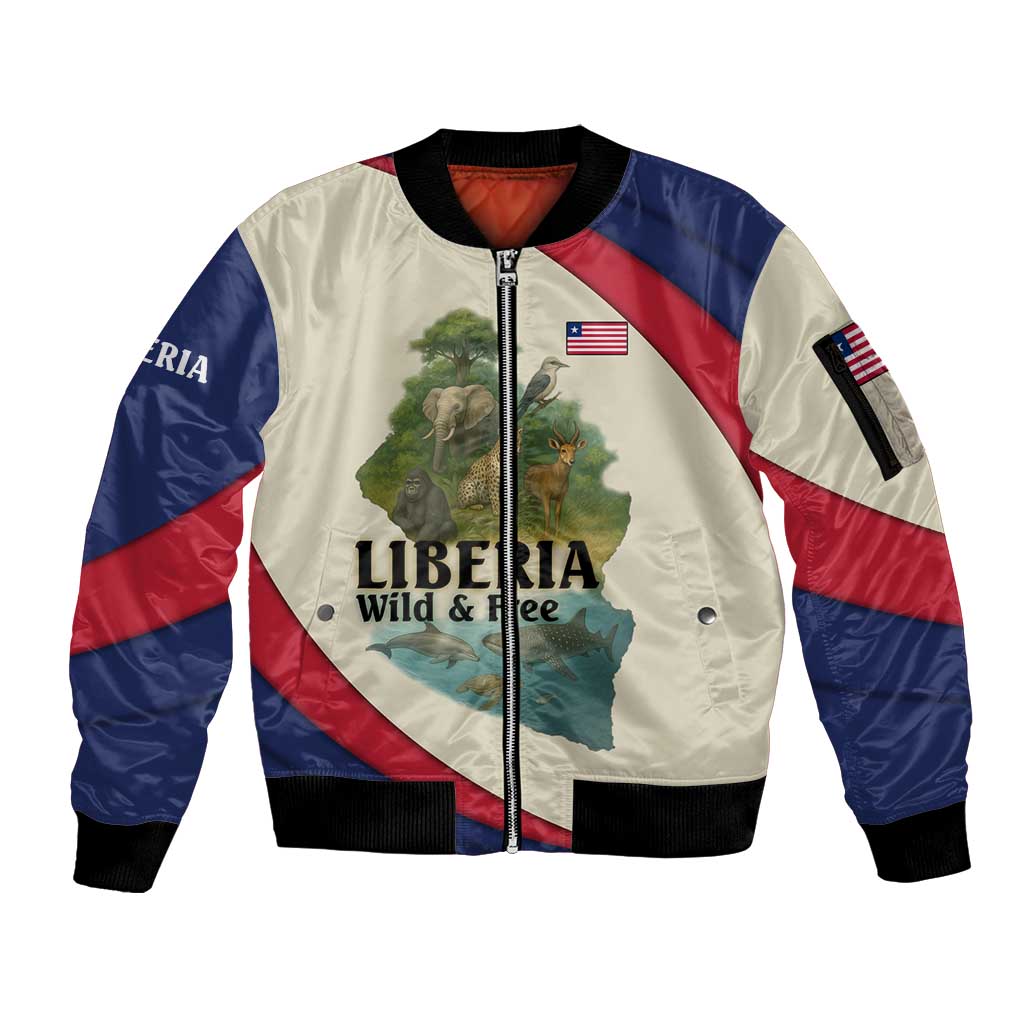 Liberia Wildlife Sleeve Zip Bomber Jacket with African Safari and Ocean Marine Life Design