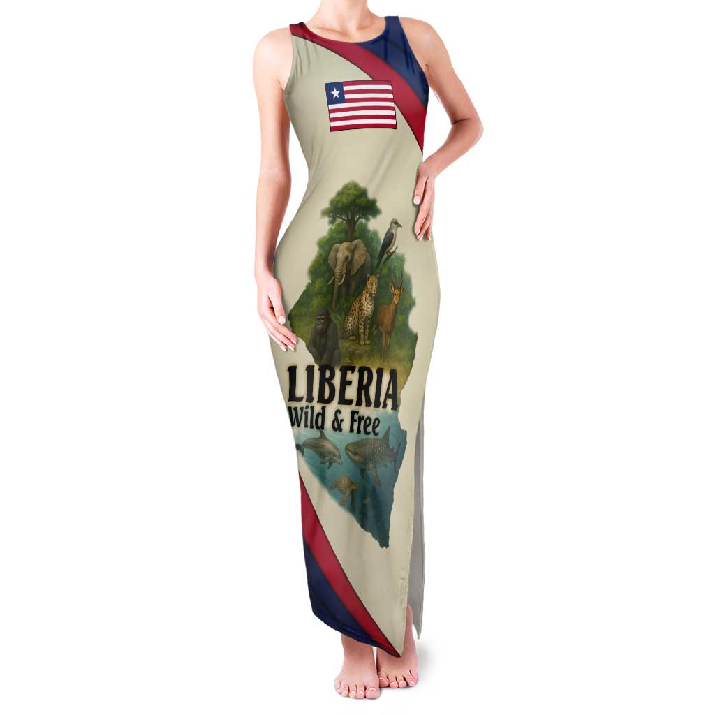Liberia Wildlife Tank Maxi Dress with African Safari and Ocean Marine Life Design