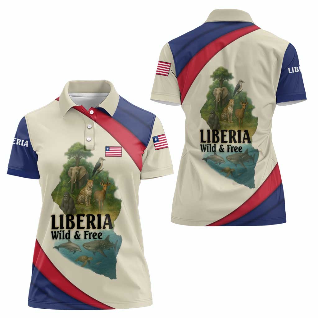Liberia Wildlife Women Polo Shirt with African Safari and Ocean Marine Life Design
