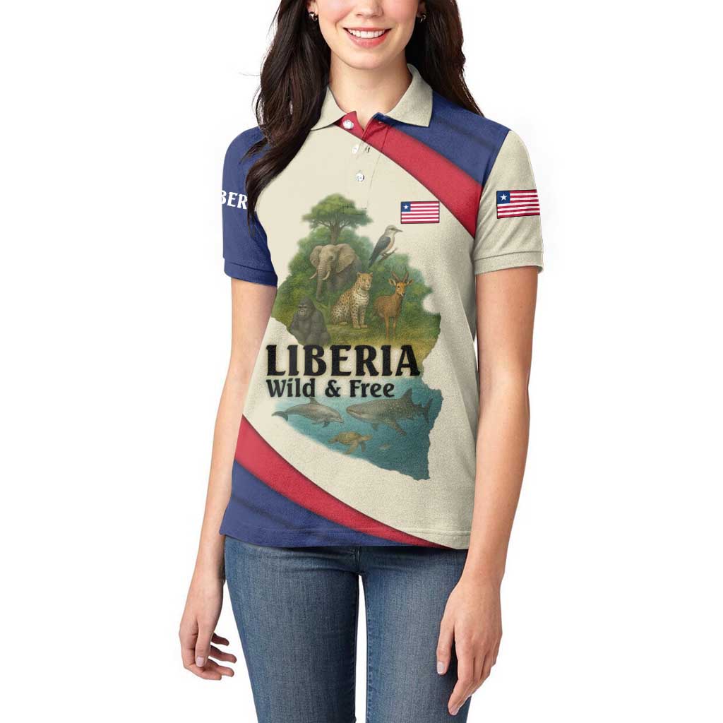 Liberia Wildlife Women Polo Shirt with African Safari and Ocean Marine Life Design