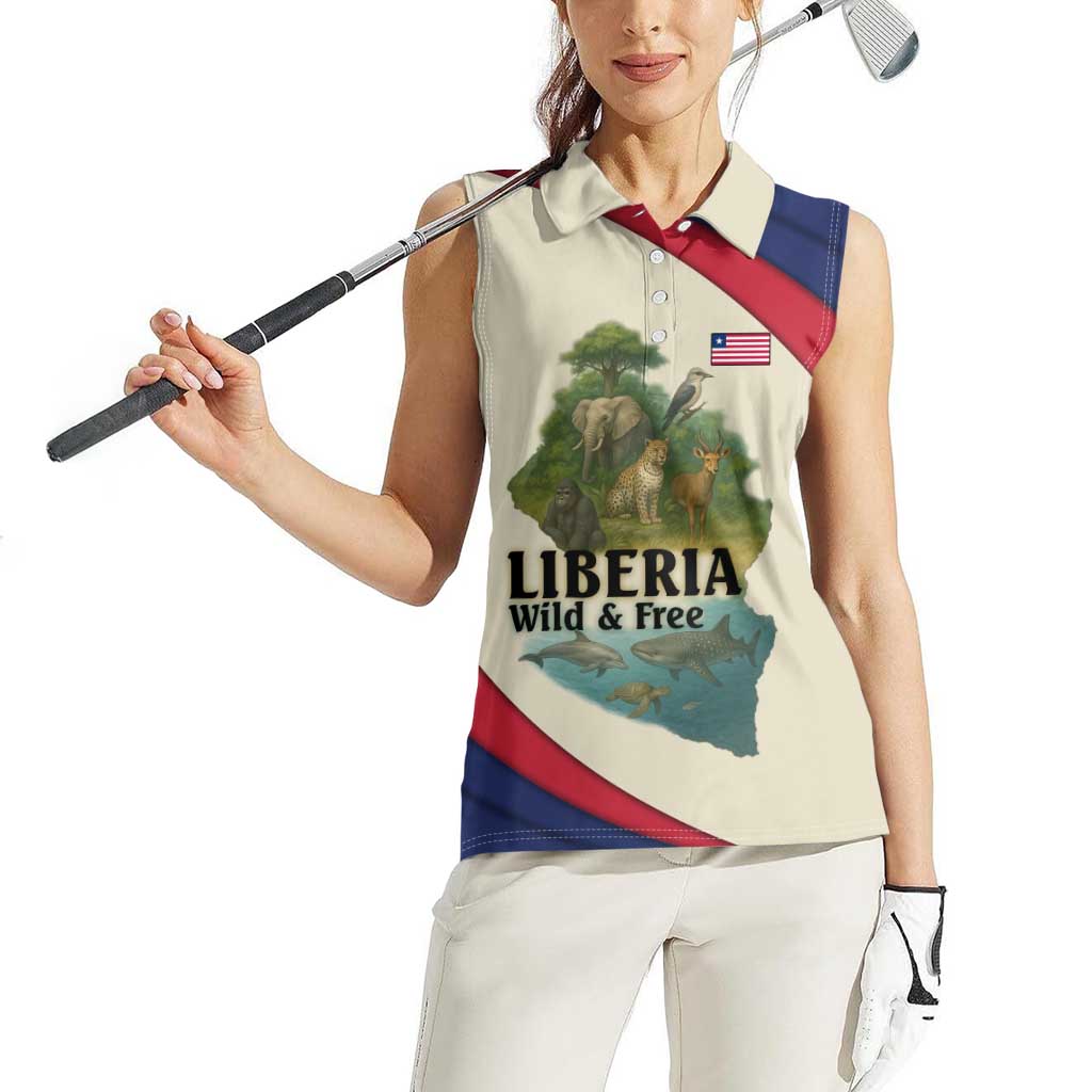 Liberia Wildlife Women Sleeveless Polo Shirt with African Safari and Ocean Marine Life Design