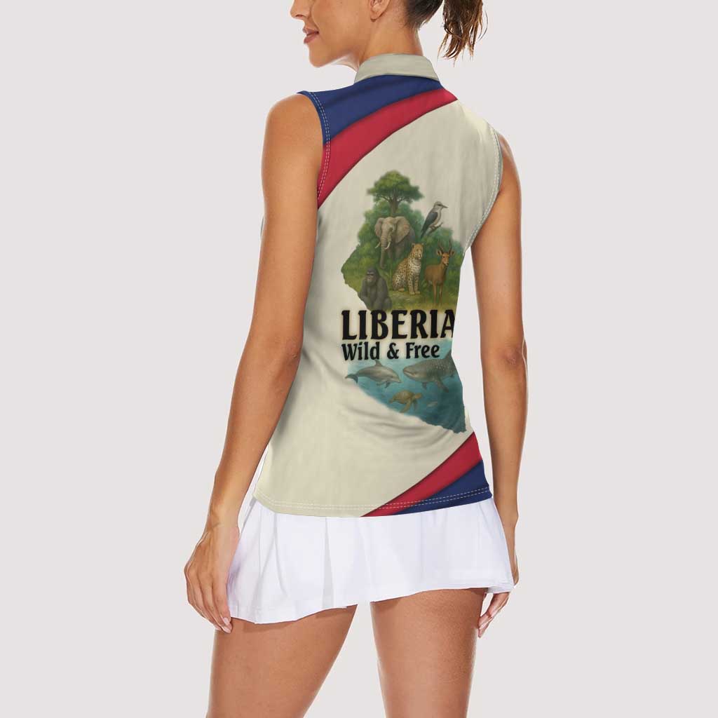 Liberia Wildlife Women Sleeveless Polo Shirt with African Safari and Ocean Marine Life Design