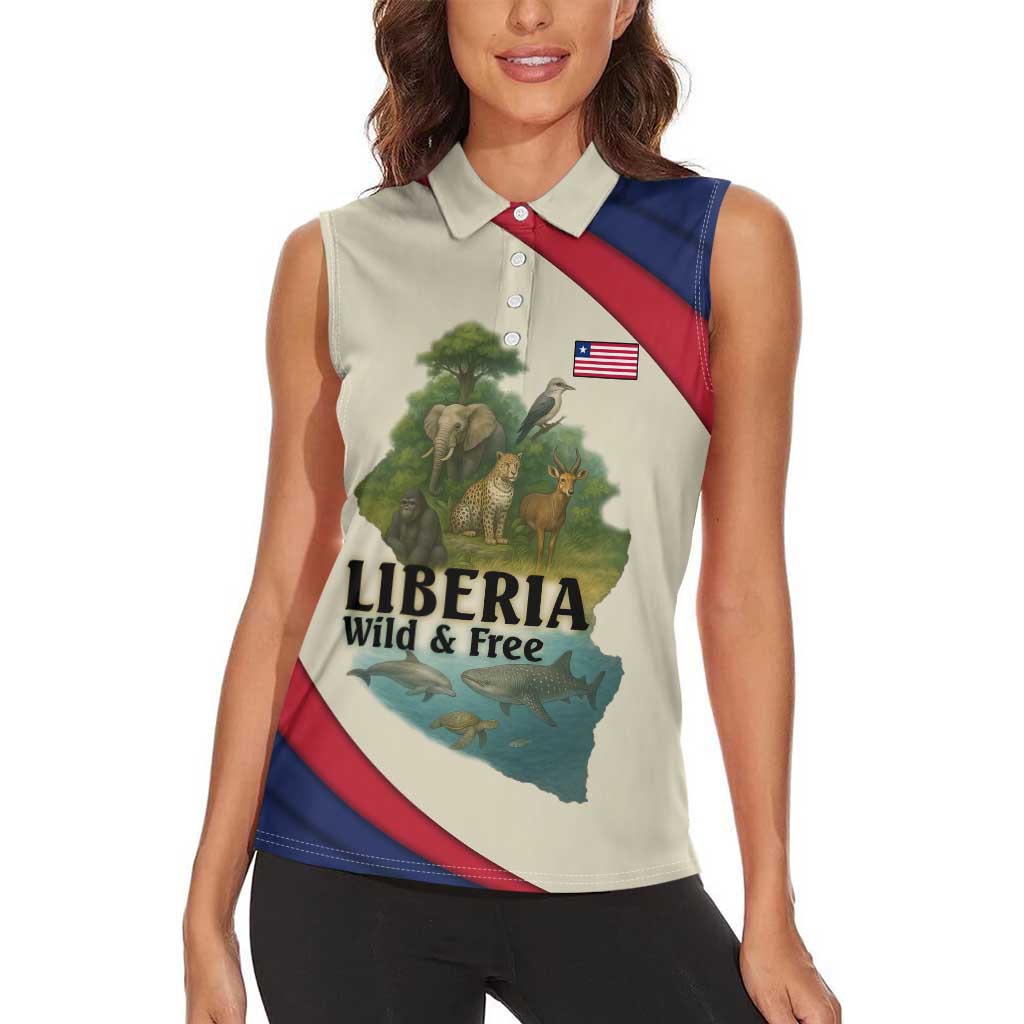 Liberia Wildlife Women Sleeveless Polo Shirt with African Safari and Ocean Marine Life Design