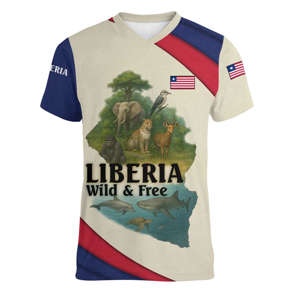 Liberia Wildlife Women V-Neck T-Shirt with African Safari and Ocean Marine Life Design