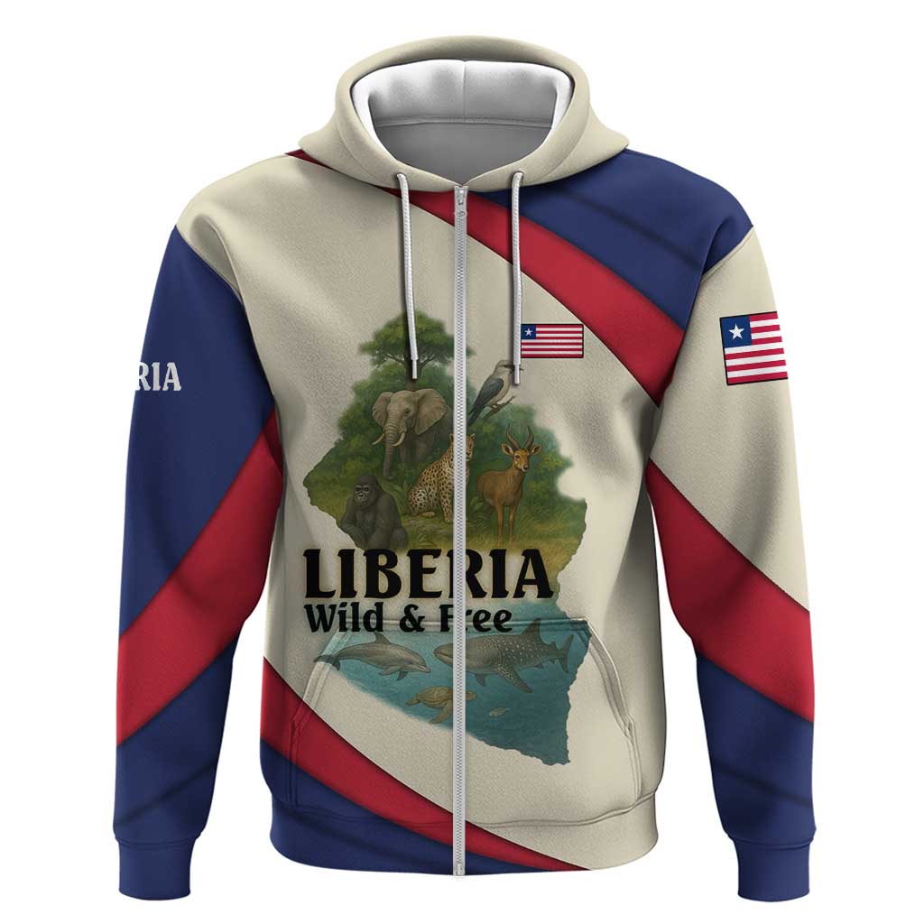 Liberia Wildlife Zip Hoodie with African Safari and Ocean Marine Life Design