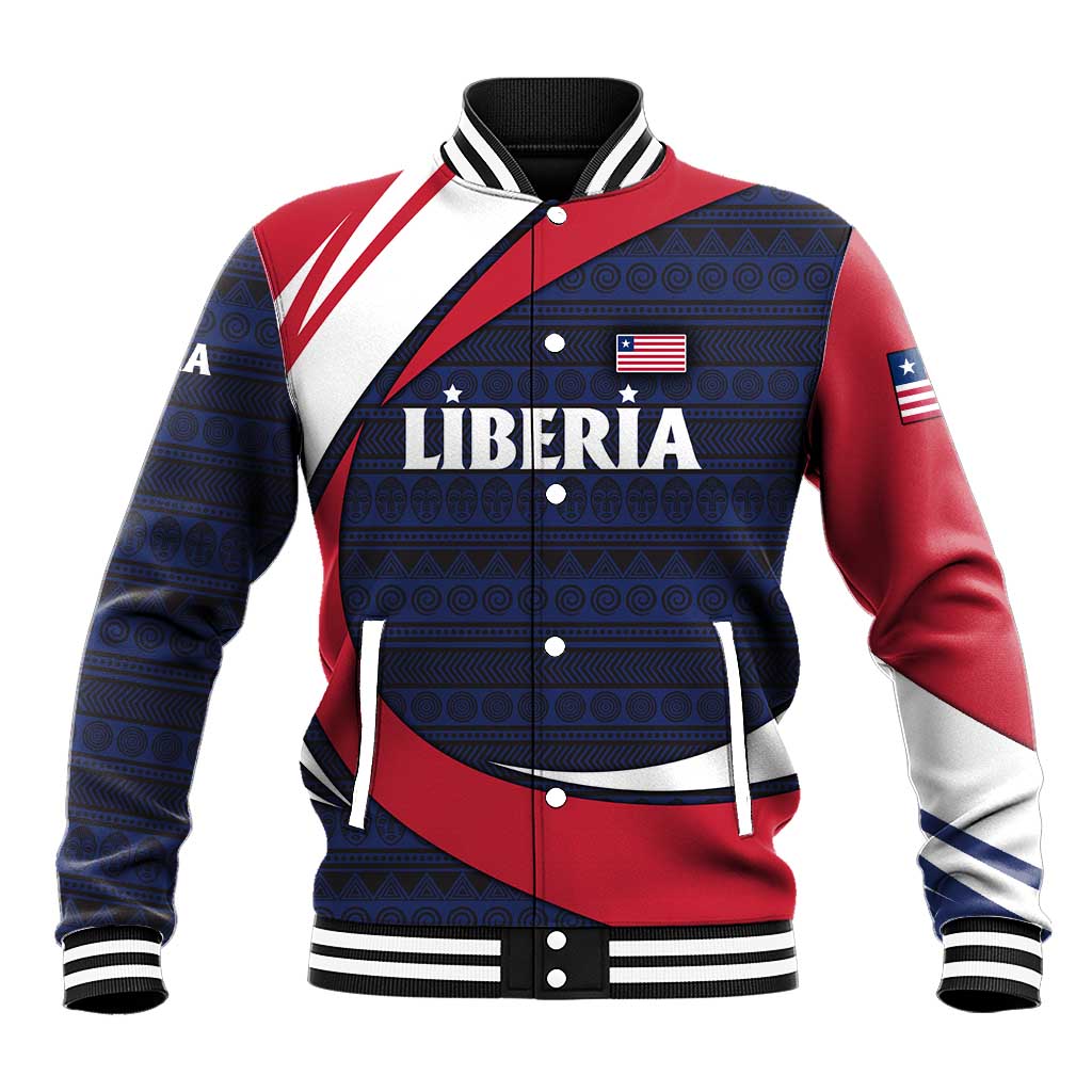 Liberia National Emblem Baseball Jacket with Tribal Pattern and Heritage Colors Design