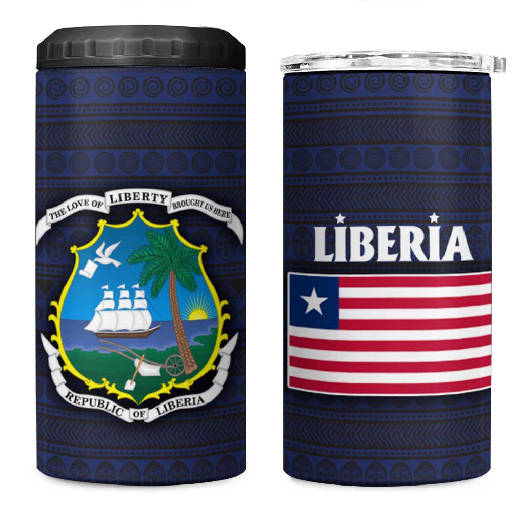 Liberia National Emblem 4 in 1 Can Cooler Tumbler with Tribal Pattern and Heritage Colors Design