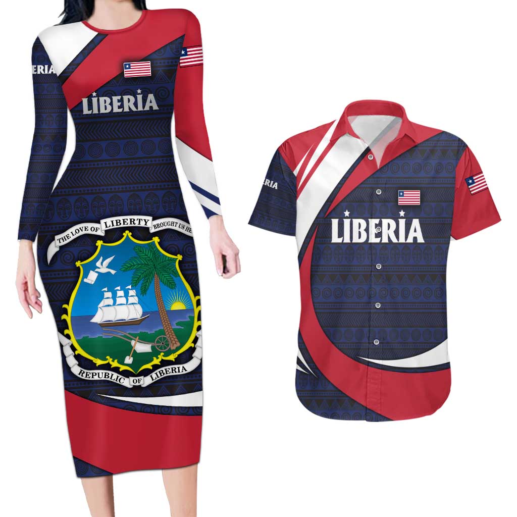 Liberia National Emblem Couples Matching Long Sleeve Bodycon Dress and Hawaiian Shirt with Tribal Pattern and Heritage Colors Design