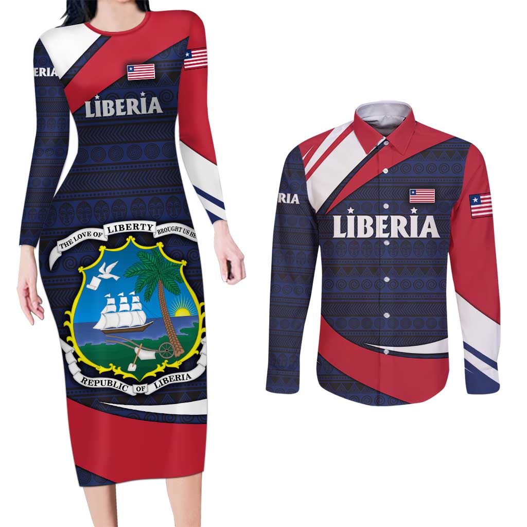 Liberia National Emblem Couples Matching Long Sleeve Bodycon Dress and Long Sleeve Button Shirt with Tribal Pattern and Heritage Colors Design