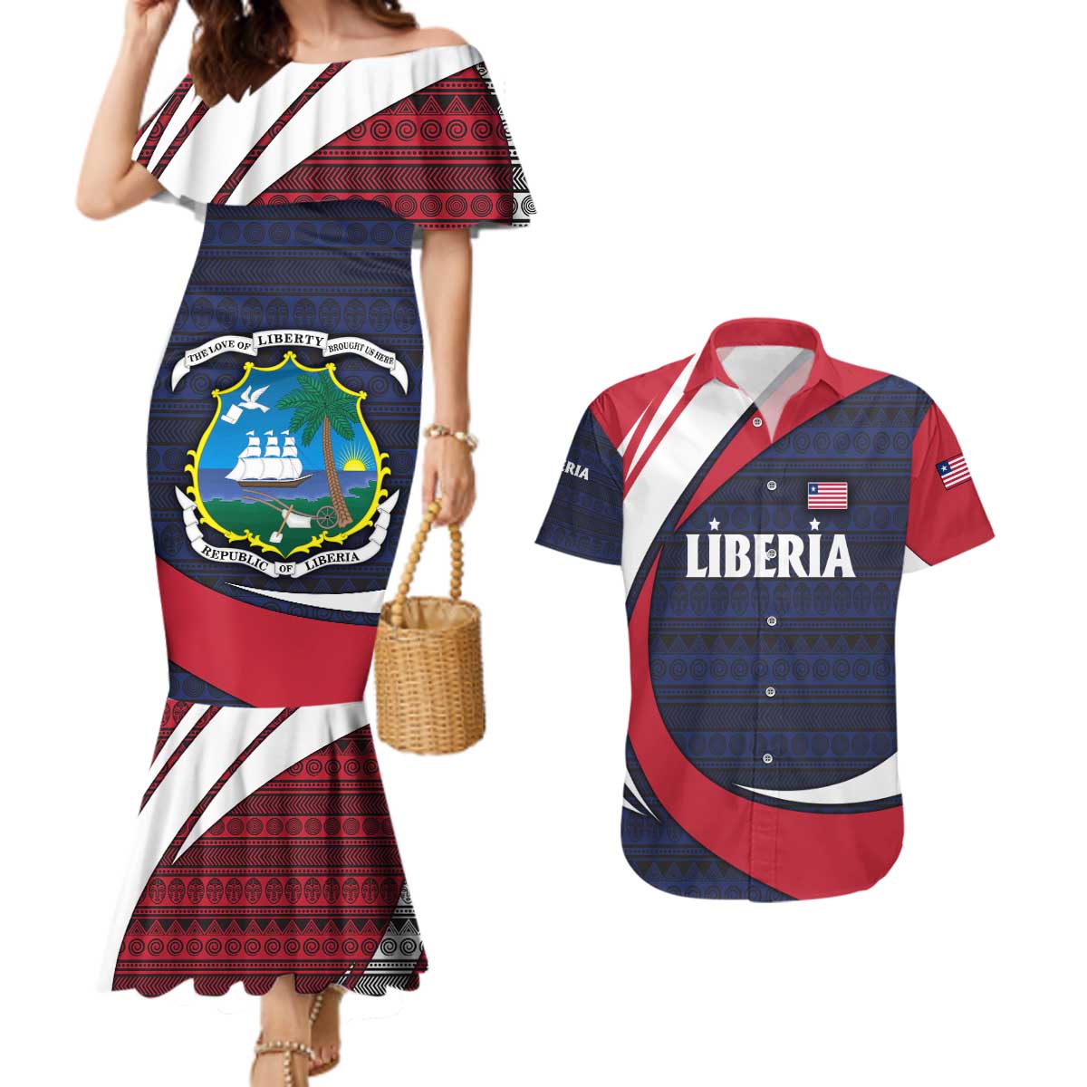 Liberia National Emblem Couples Matching Mermaid Dress and Hawaiian Shirt with Tribal Pattern and Heritage Colors Design