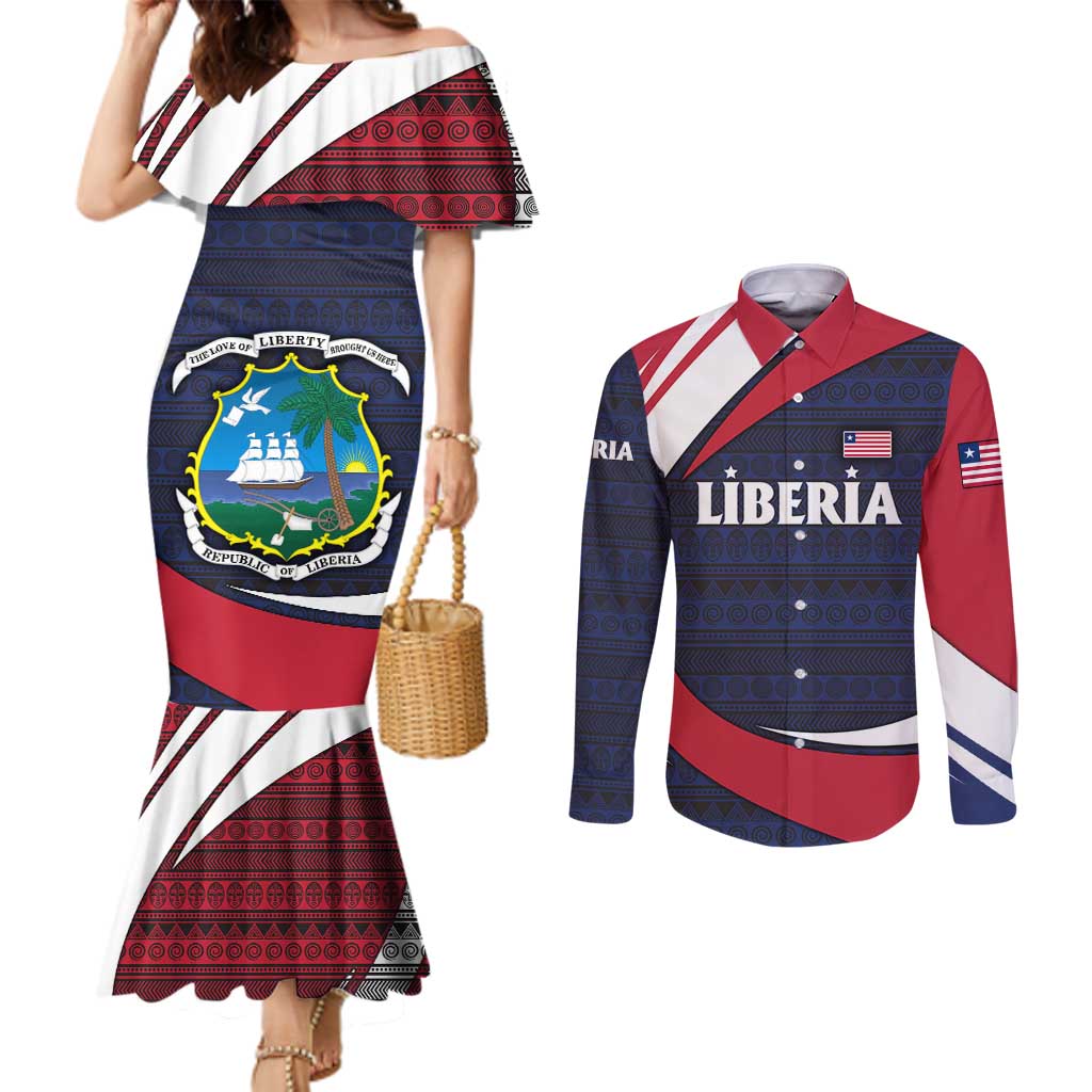 Liberia National Emblem Couples Matching Mermaid Dress and Long Sleeve Button Shirt with Tribal Pattern and Heritage Colors Design