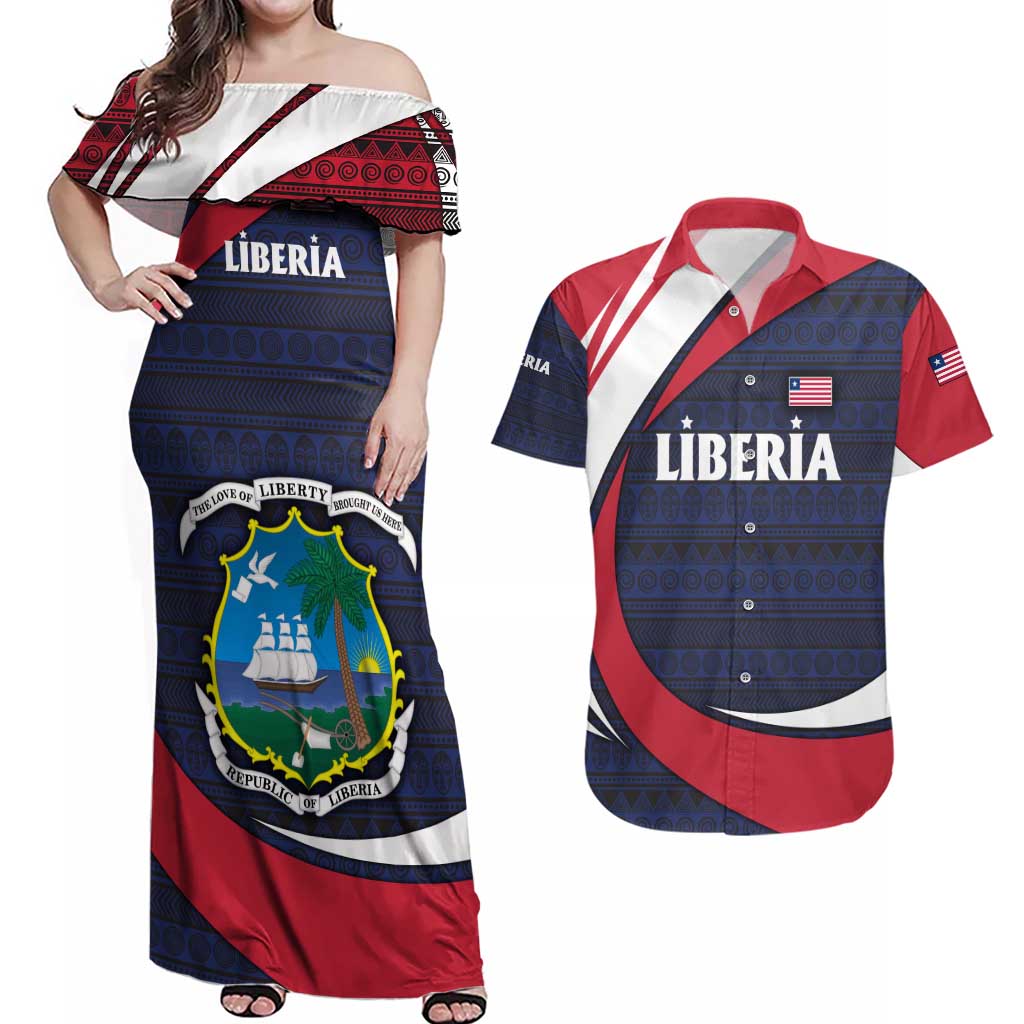 Liberia National Emblem Couples Matching Off Shoulder Maxi Dress and Hawaiian Shirt with Tribal Pattern and Heritage Colors Design