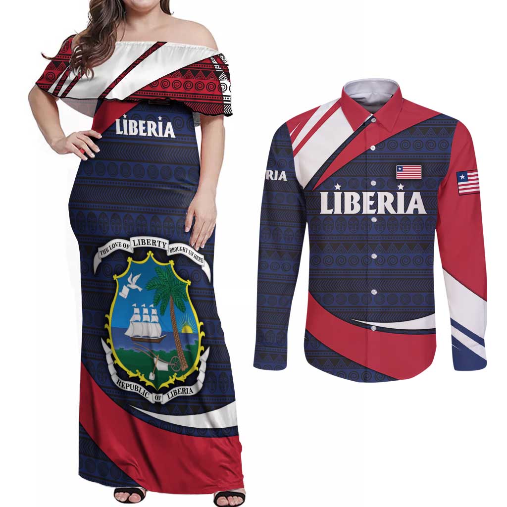 Liberia National Emblem Couples Matching Off Shoulder Maxi Dress and Long Sleeve Button Shirt with Tribal Pattern and Heritage Colors Design