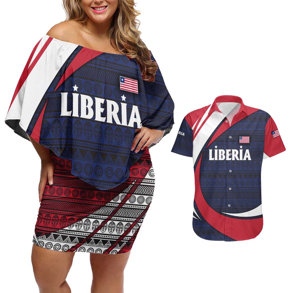 Liberia National Emblem Couples Matching Off Shoulder Short Dress and Hawaiian Shirt with Tribal Pattern and Heritage Colors Design