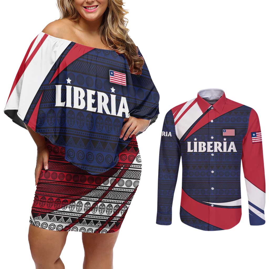 Liberia National Emblem Couples Matching Off Shoulder Short Dress and Long Sleeve Button Shirt with Tribal Pattern and Heritage Colors Design