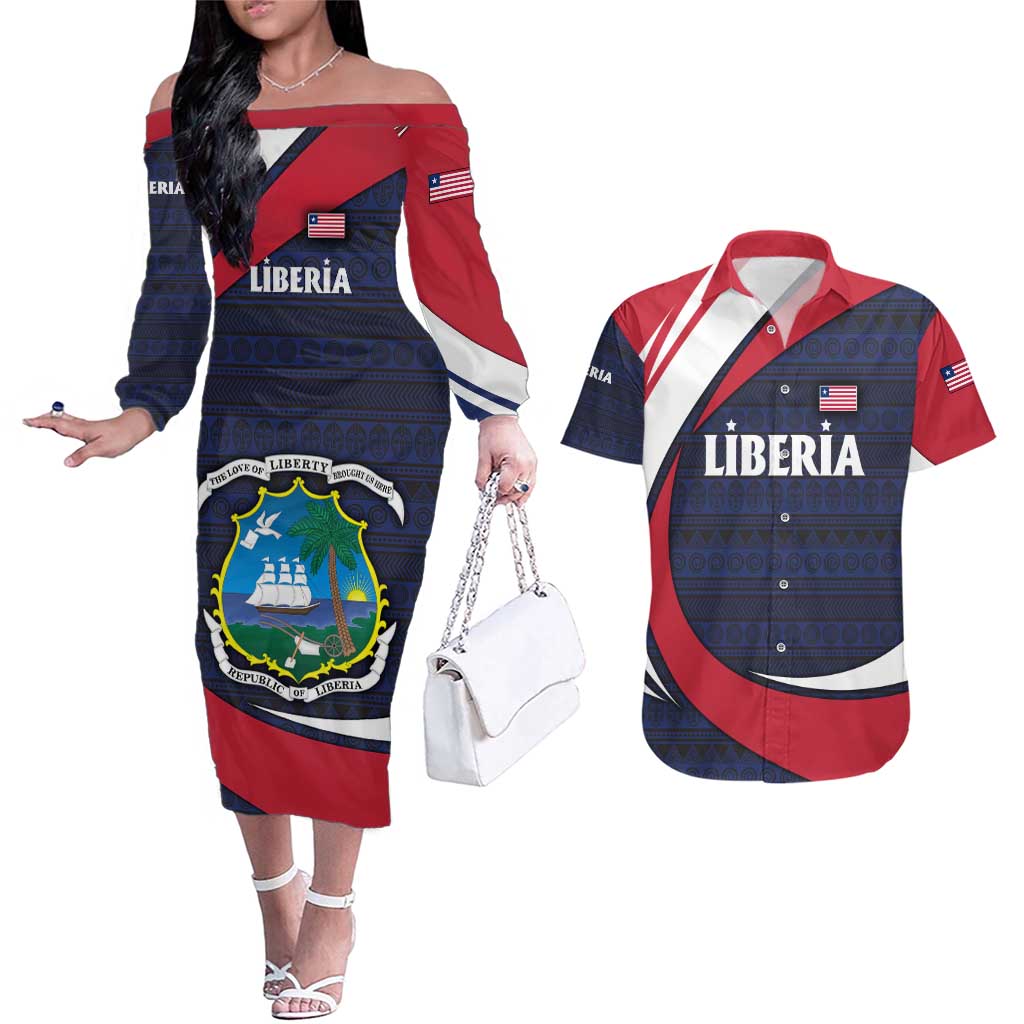 Liberia National Emblem Couples Matching Off The Shoulder Long Sleeve Dress and Hawaiian Shirt with Tribal Pattern and Heritage Colors Design