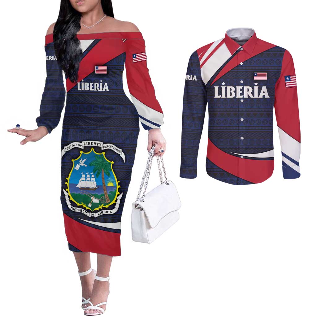 Liberia National Emblem Couples Matching Off The Shoulder Long Sleeve Dress and Long Sleeve Button Shirt with Tribal Pattern and Heritage Colors Design