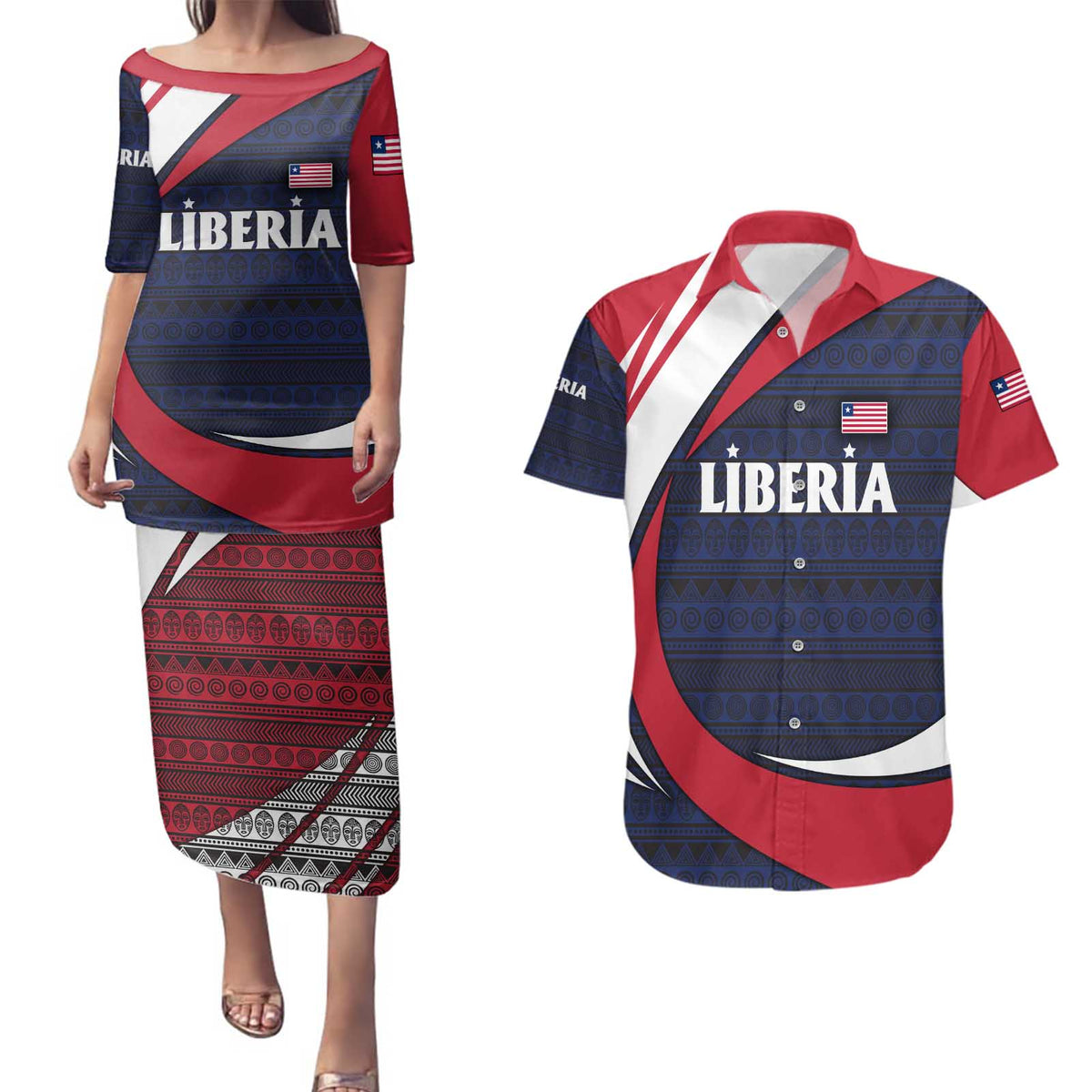 Liberia National Emblem Couples Matching Puletasi and Hawaiian Shirt with Tribal Pattern and Heritage Colors Design