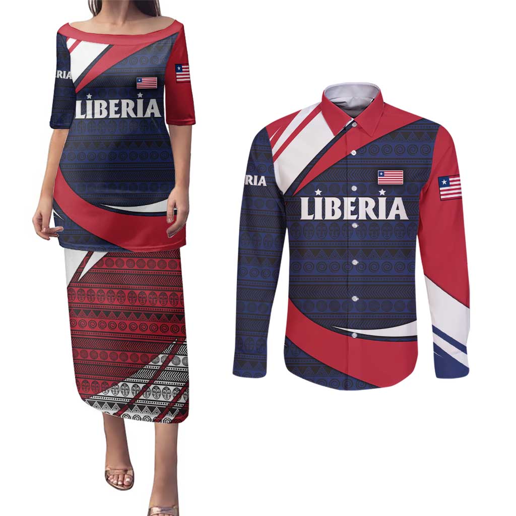 Liberia National Emblem Couples Matching Puletasi and Long Sleeve Button Shirt with Tribal Pattern and Heritage Colors Design