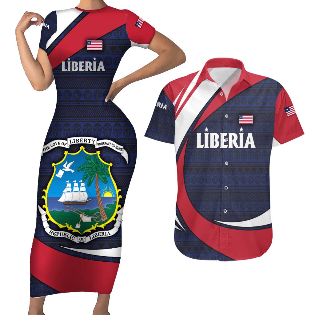 Liberia National Emblem Couples Matching Short Sleeve Bodycon Dress and Hawaiian Shirt with Tribal Pattern and Heritage Colors Design