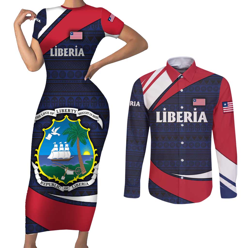 Liberia National Emblem Couples Matching Short Sleeve Bodycon Dress and Long Sleeve Button Shirt with Tribal Pattern and Heritage Colors Design