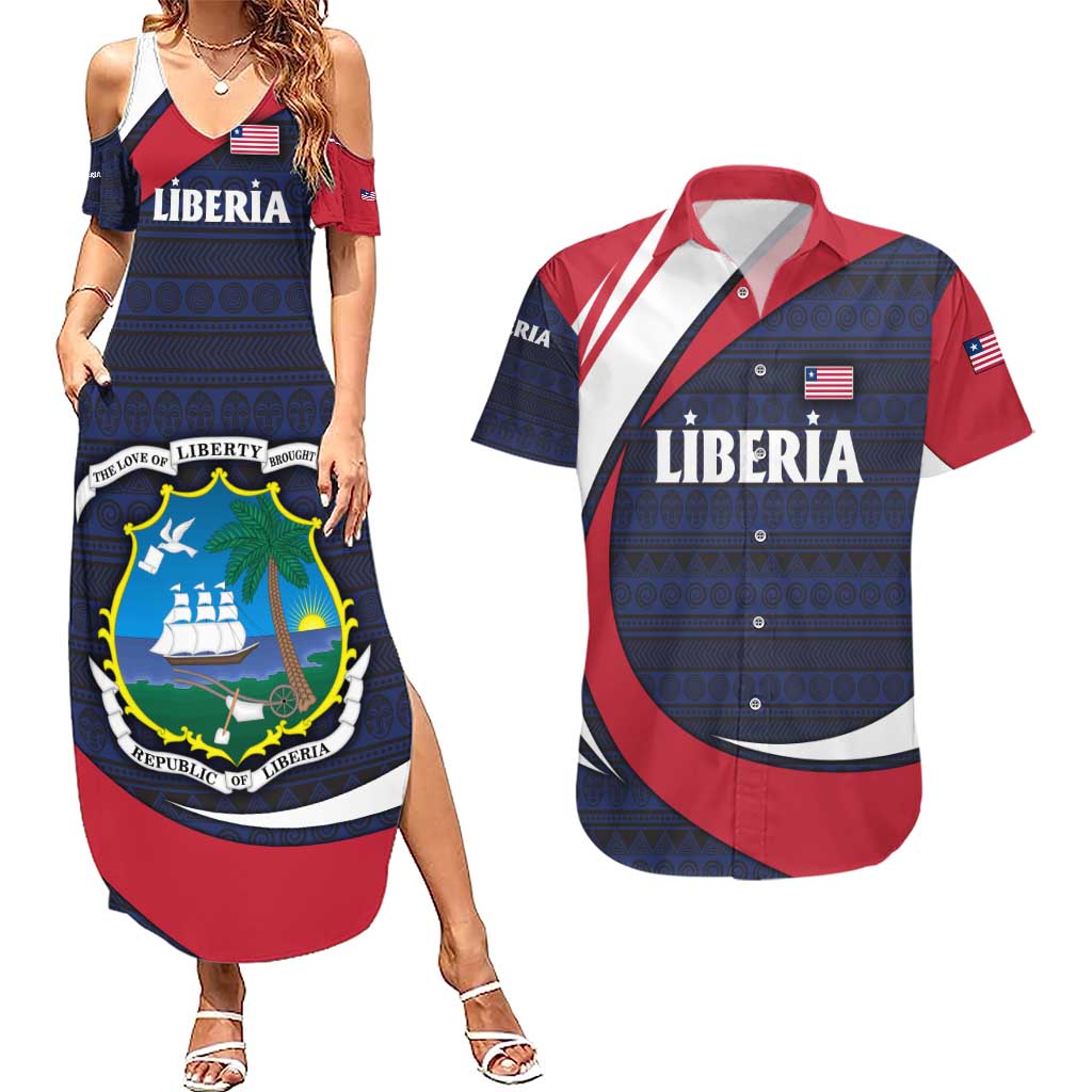 Liberia National Emblem Couples Matching Summer Maxi Dress and Hawaiian Shirt with Tribal Pattern and Heritage Colors Design