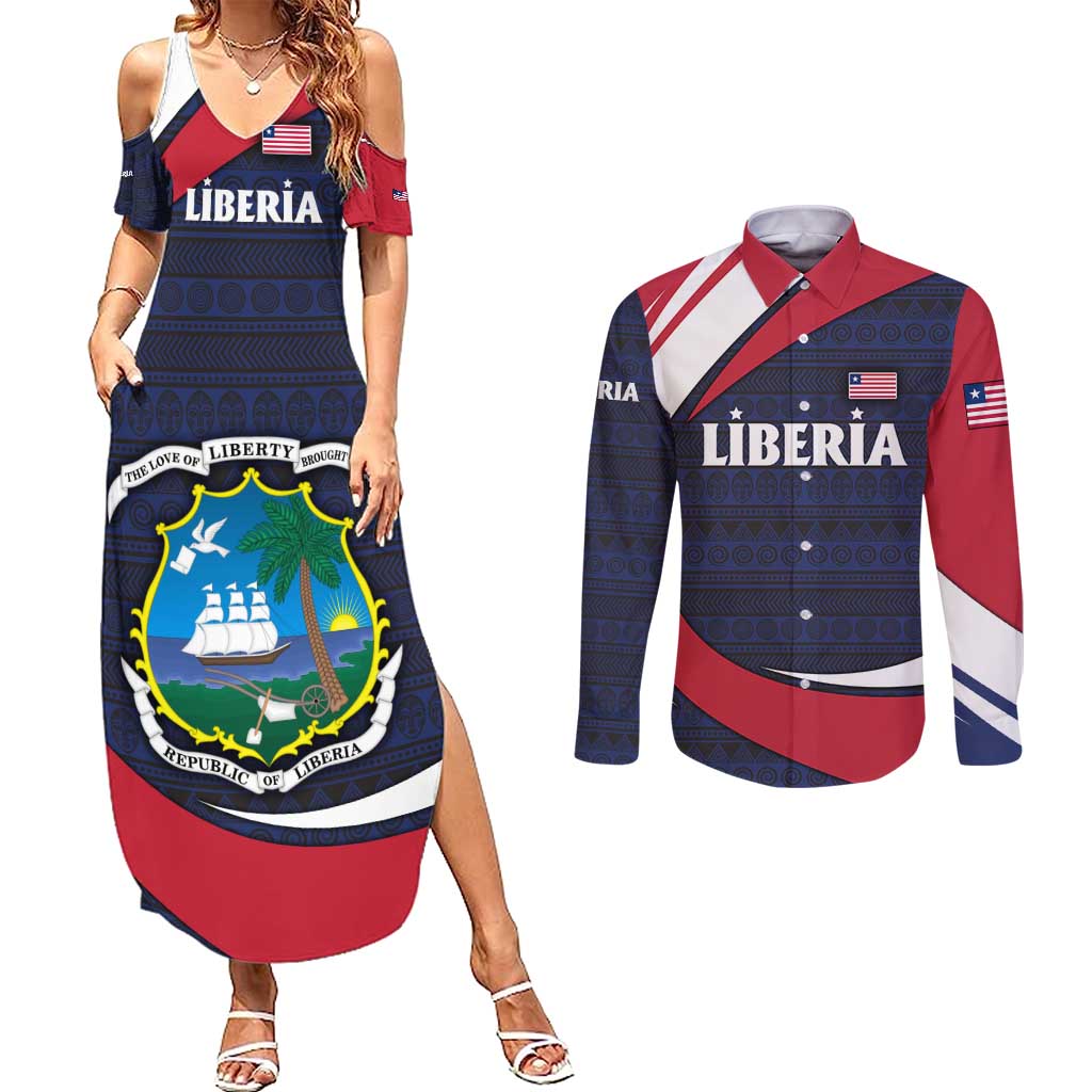 Liberia National Emblem Couples Matching Summer Maxi Dress and Long Sleeve Button Shirt with Tribal Pattern and Heritage Colors Design