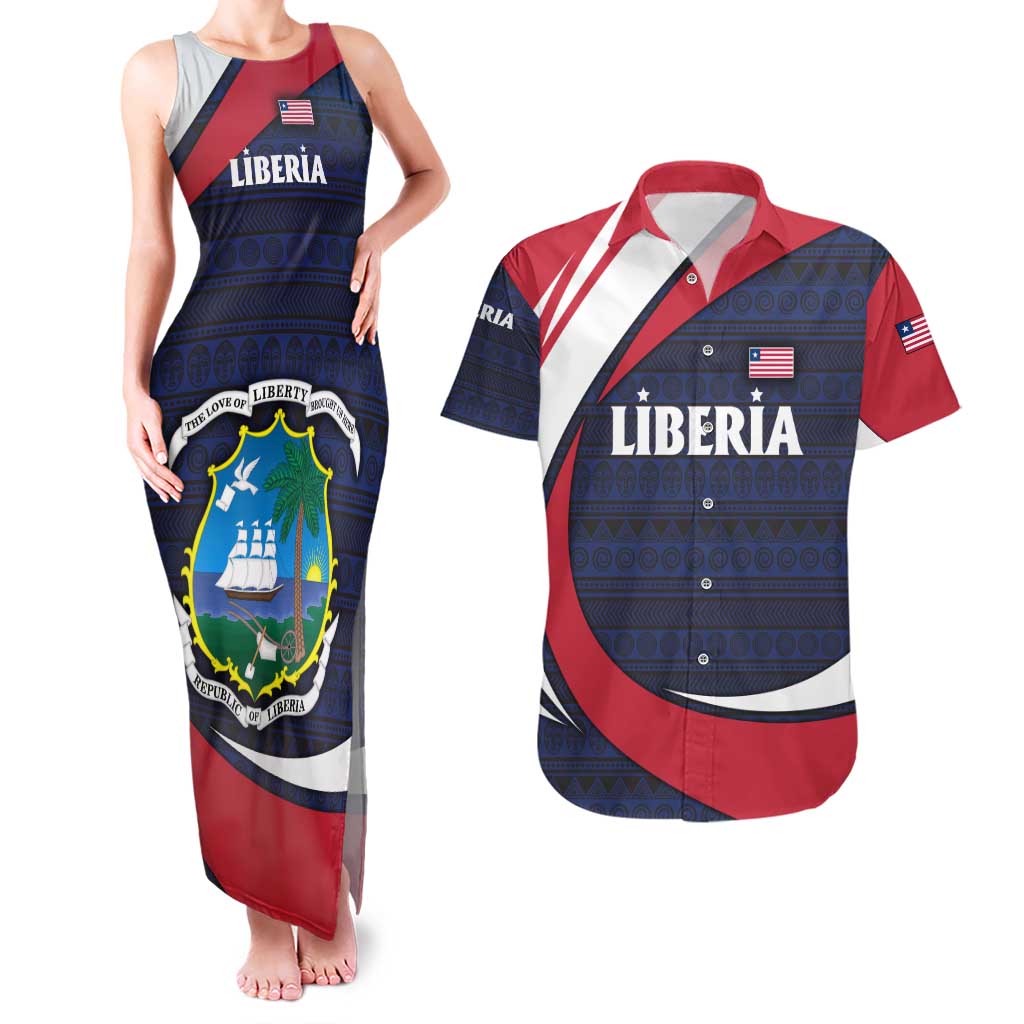 Liberia National Emblem Couples Matching Tank Maxi Dress and Hawaiian Shirt with Tribal Pattern and Heritage Colors Design