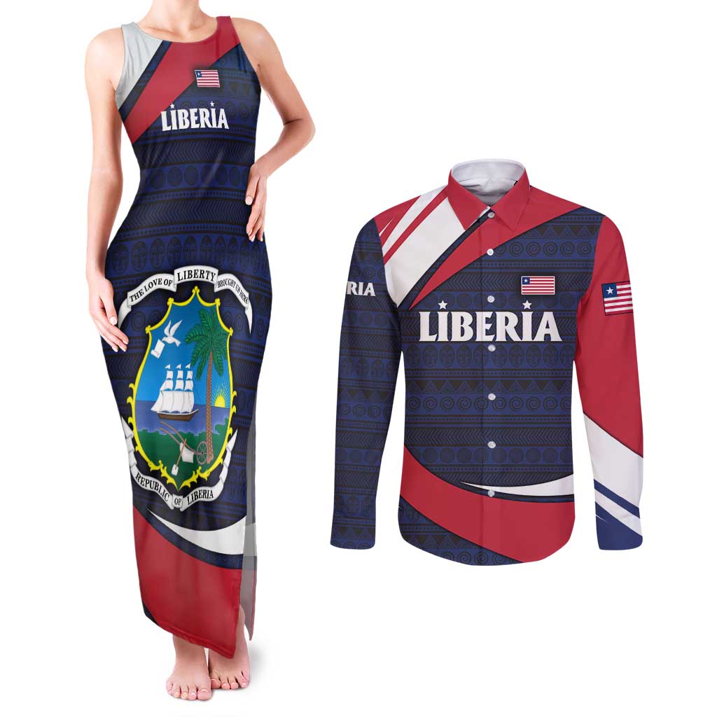 Liberia National Emblem Couples Matching Tank Maxi Dress and Long Sleeve Button Shirt with Tribal Pattern and Heritage Colors Design