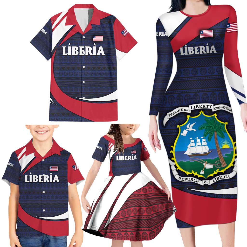 Liberia National Emblem Family Matching Long Sleeve Bodycon Dress and Hawaiian Shirt with Tribal Pattern and Heritage Colors Design