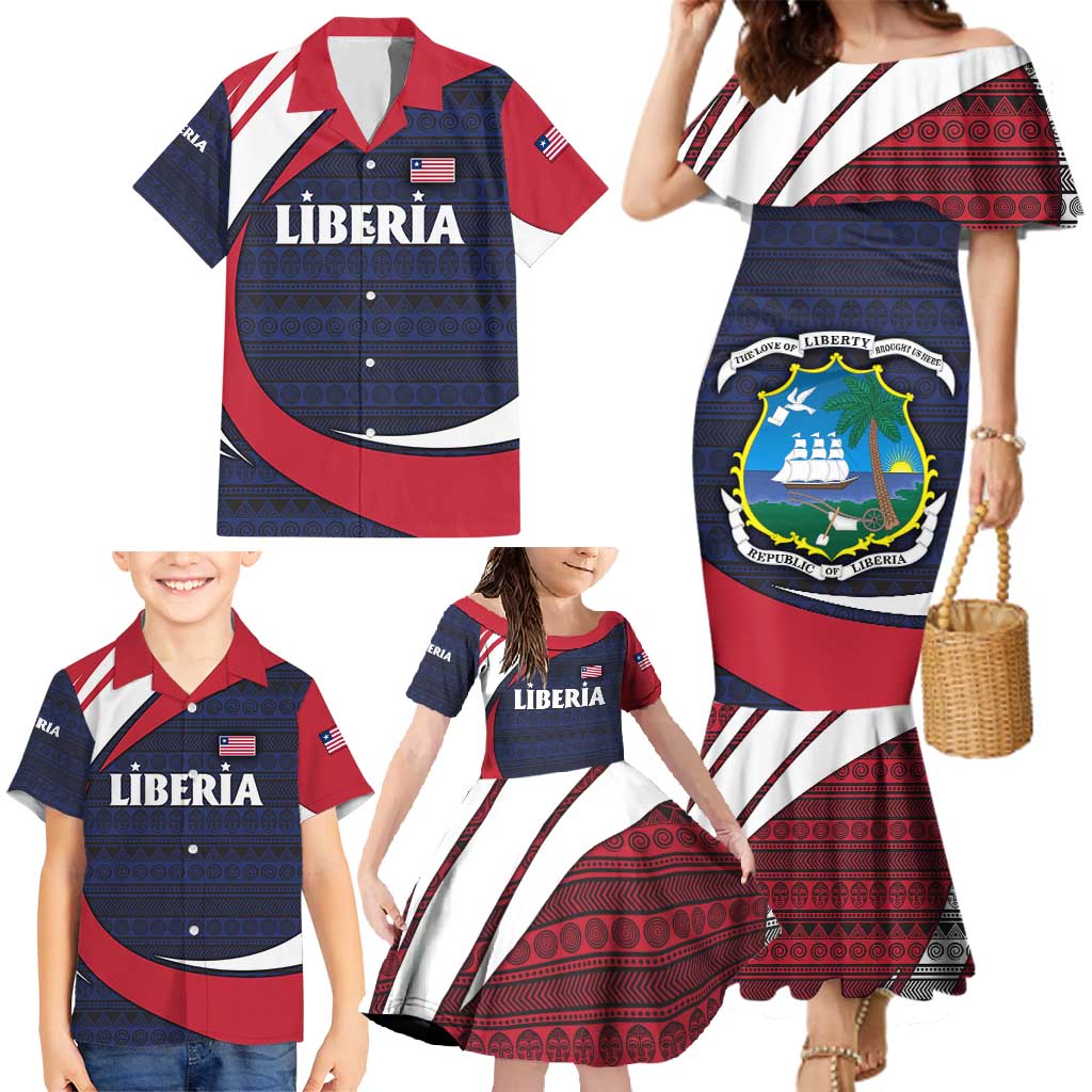 Liberia National Emblem Family Matching Mermaid Dress and Hawaiian Shirt with Tribal Pattern and Heritage Colors Design