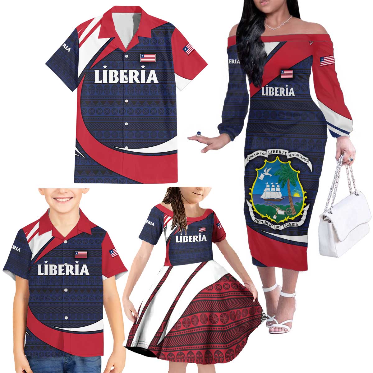 Liberia National Emblem Family Matching Off The Shoulder Long Sleeve Dress and Hawaiian Shirt with Tribal Pattern and Heritage Colors Design