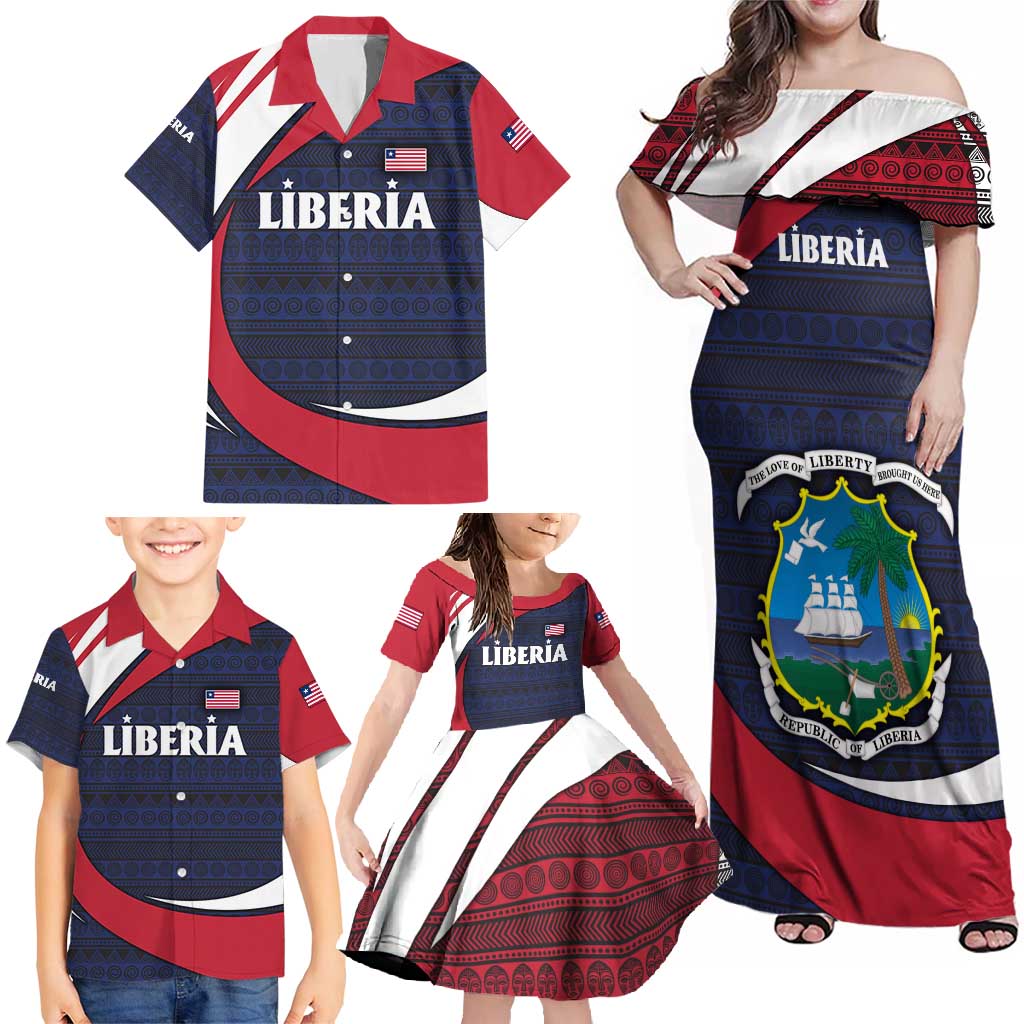 Liberia National Emblem Family Matching Off Shoulder Maxi Dress and Hawaiian Shirt with Tribal Pattern and Heritage Colors Design