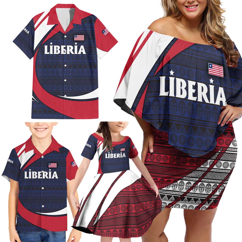 Liberia National Emblem Family Matching Off Shoulder Short Dress and Hawaiian Shirt with Tribal Pattern and Heritage Colors Design